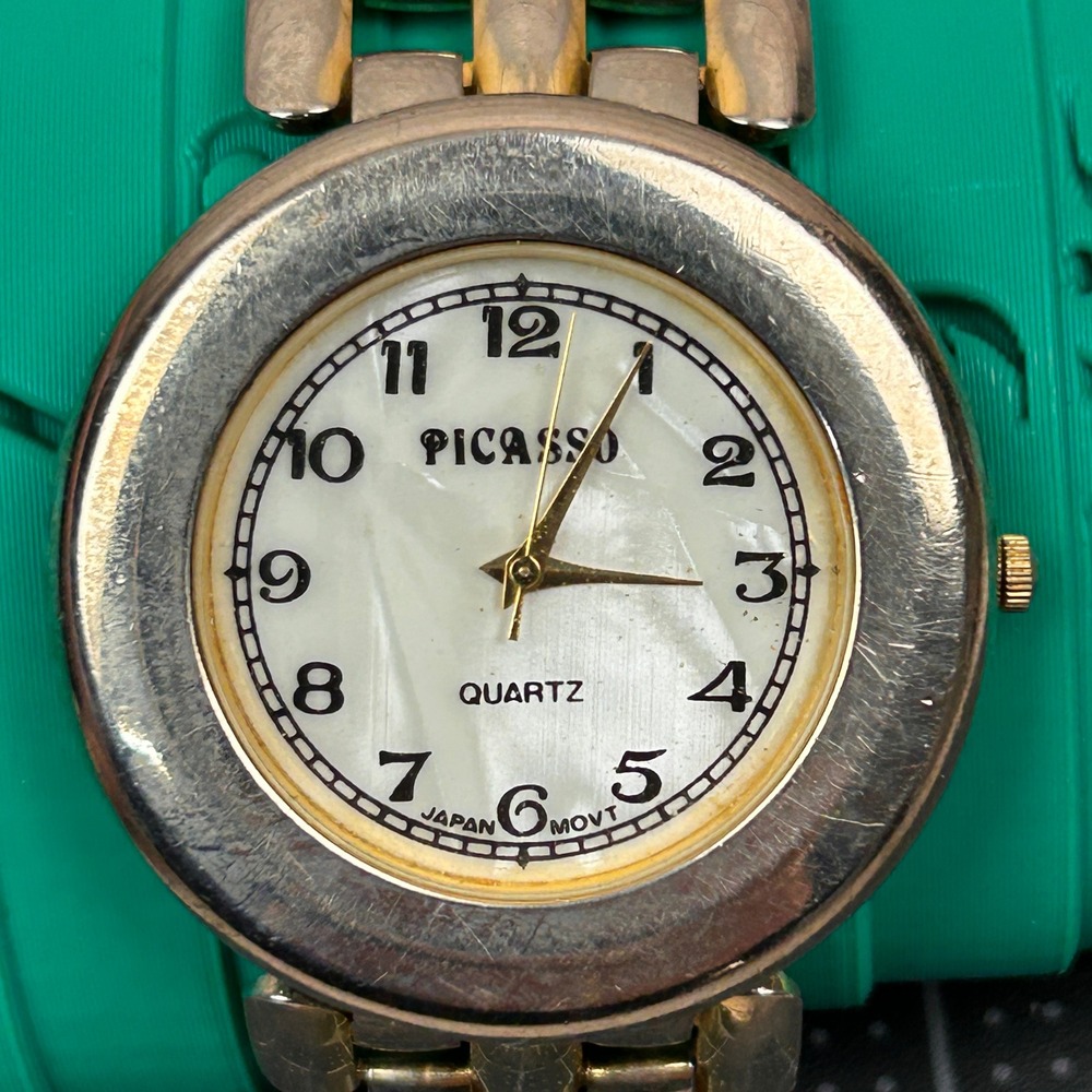 PICCASSO Quartz Watch Mother of Pearl Dial Gold Tone Band Japan Movt Women